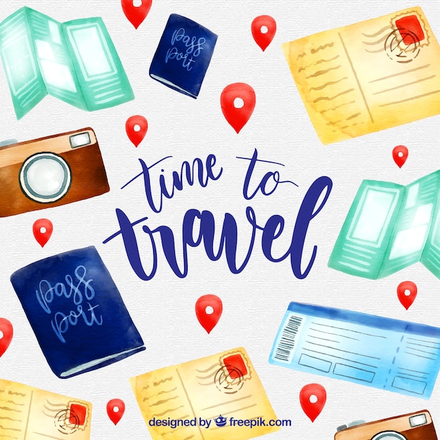 Vector gratuito fondo de viaje con elementos en estilo acuarela