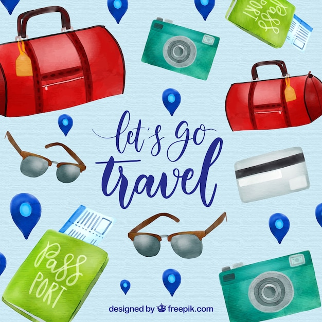 Fondo de viaje con elementos en estilo acuarela