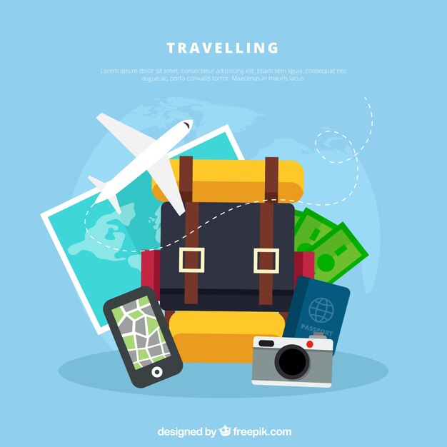 Fondo de viaje con equipaje en estilo plano