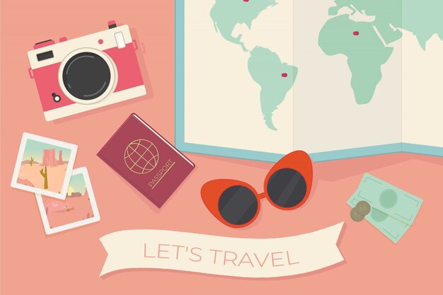 Fondo de viaje con objetos decorativos en diseño plano
