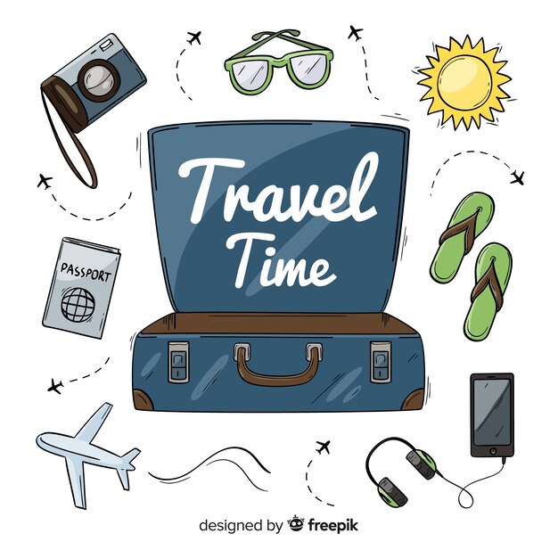 Fondo viajes maleta dibujada a mano