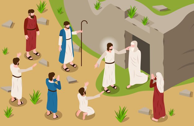 Fondo de vida de Jesús con símbolos de resurrección y religión ilustración vectorial isométrica