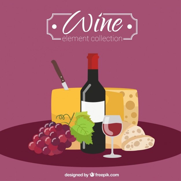 Fondo de vino con queso y pan en diseño plano