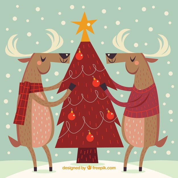 Fondo vintage con árbol de navidad y renos 