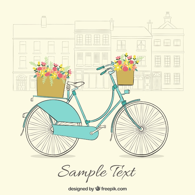 Vector gratuito fondo vintage de bicicleta dibujada a mano con bonitas cestas