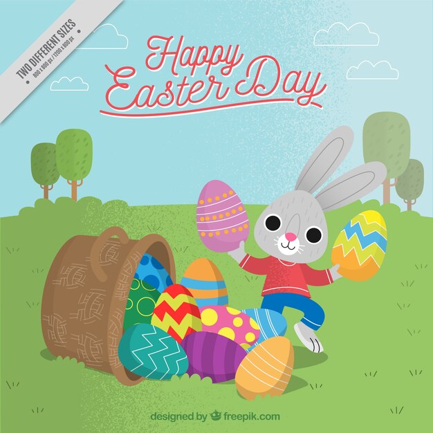 Fondo vintage con conejito de pascua y huevos coloridos