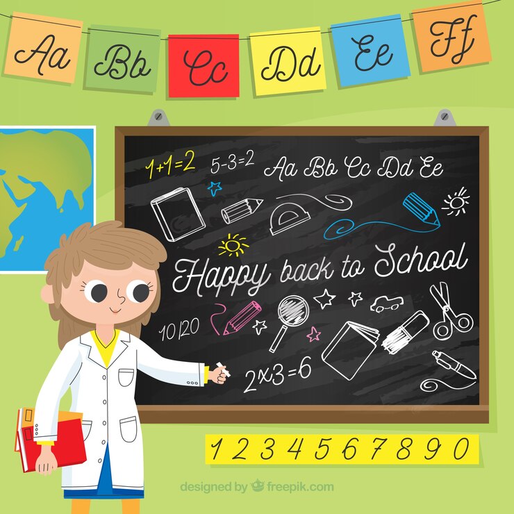 Vector gratuito fondo de vuelta al colegio con pizarra y profesora