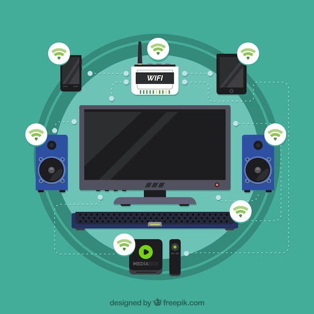 Fondo wifi plano con varios dispositivos electrónicos