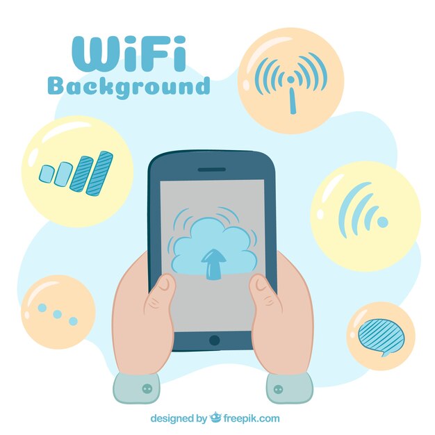 Fondo de wifi con teléfono móvil dibujado a mano