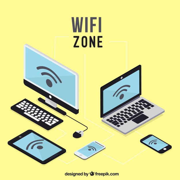 Fondo de zona wifi con ordenadores y móviles en estilo isométrico