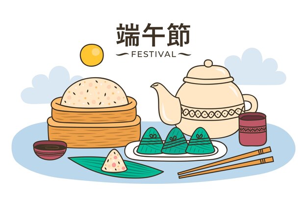 Fondo zongzi del bote del dragón dibujado a mano