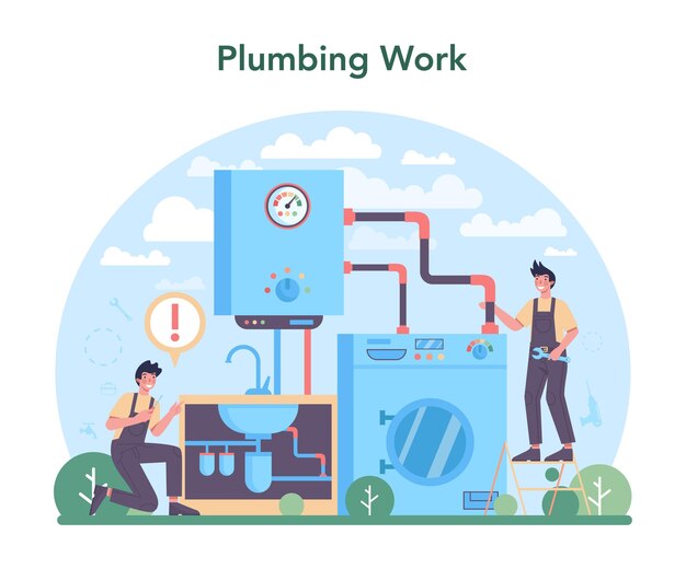 Fontanero Servicio de fontanería Reparación profesional y limpieza de equipos de baño y sistemas de alcantarillado Ilustración vectorial