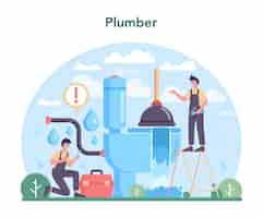 Vector gratuito fontanero servicio de fontanería reparación profesional y limpieza de equipos de baño y sistemas de alcantarillado ilustración vectorial
