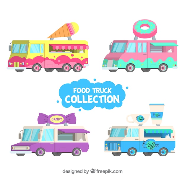 Food trucks coloridas con diseño plano