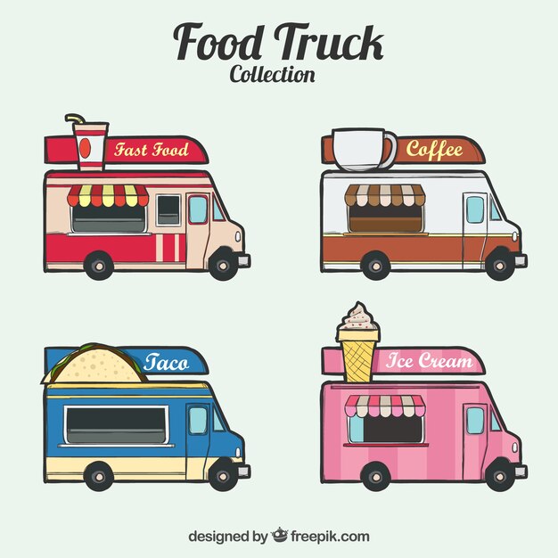 Food trucks coloridas con estilo a mano