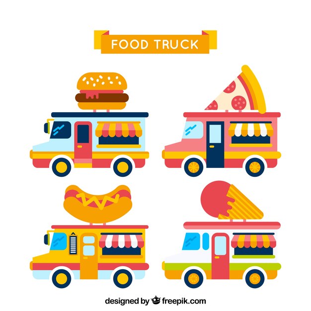 Food trucks coloridos con diseño plano
