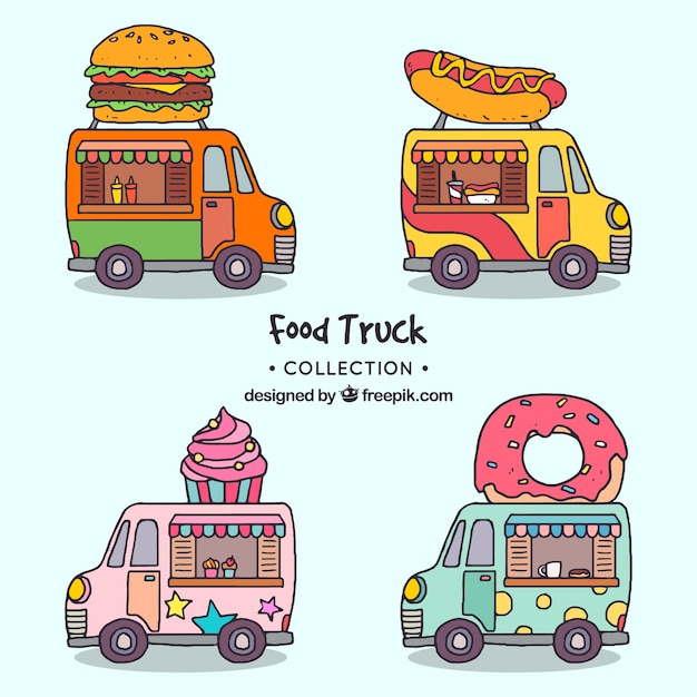 Food trucks dibujadas a mano con estilo divertido