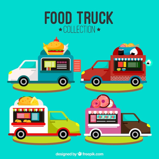 Vector gratuito food trucks de diseño plano con distintos menús