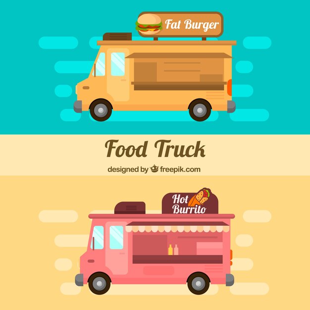Food trucks de diseño plano con hamburguesas y burritos