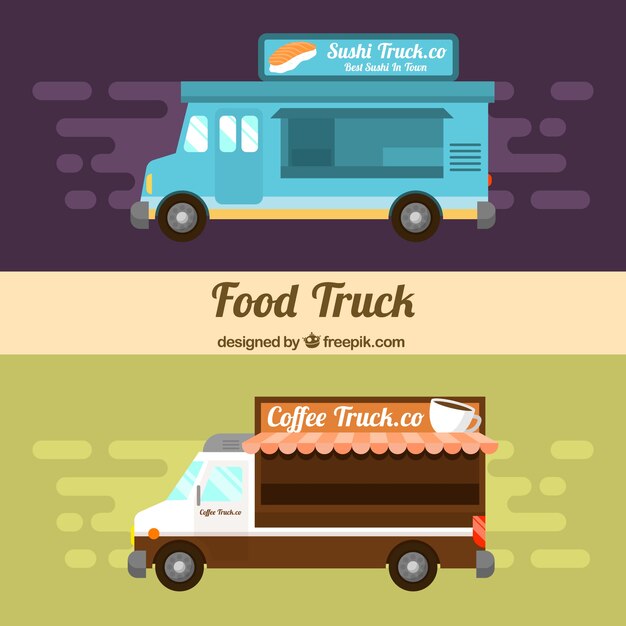 Food trucks de diseño plano con sushi y café