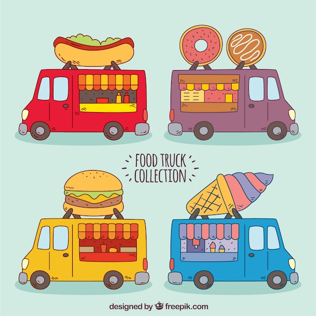 Vector gratuito food trucks divertidas con estilo a mano