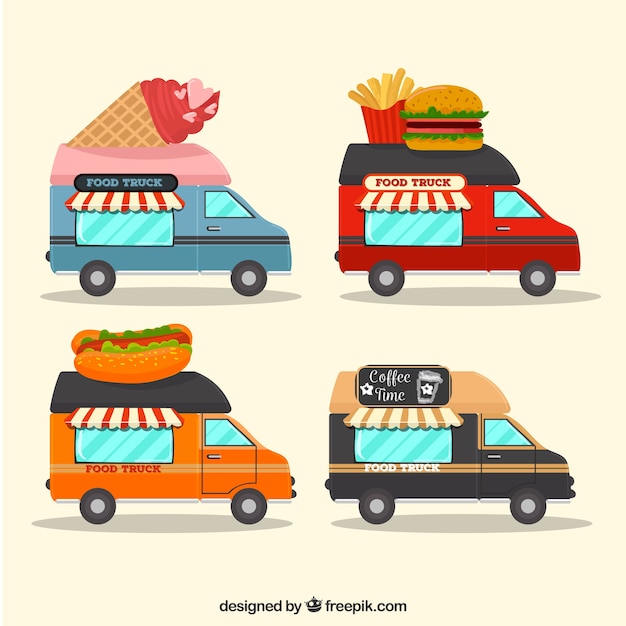 Vector gratuito food trucks modernos con comida tradicional