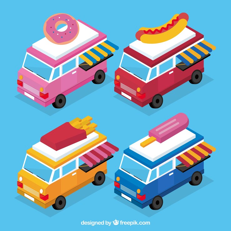Vector gratuito food trucks planas con perspectiva isométrica