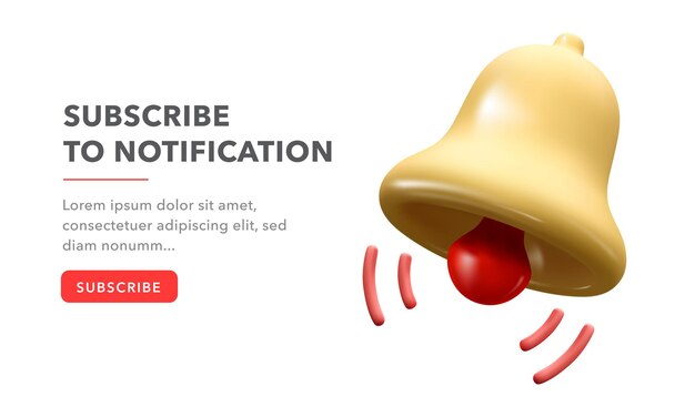 Forma de concepto para suscribirse. Campana de llamada amarilla 3d con nueva notificación para recordatorio de redes sociales.