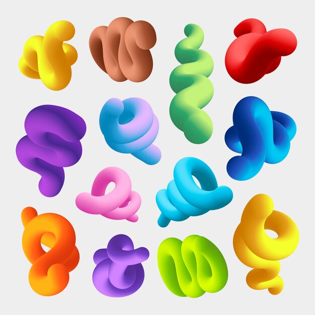 Forma fluida abstracta 3D, colorido conjunto de vectores de imágenes prediseñadas retorcidas