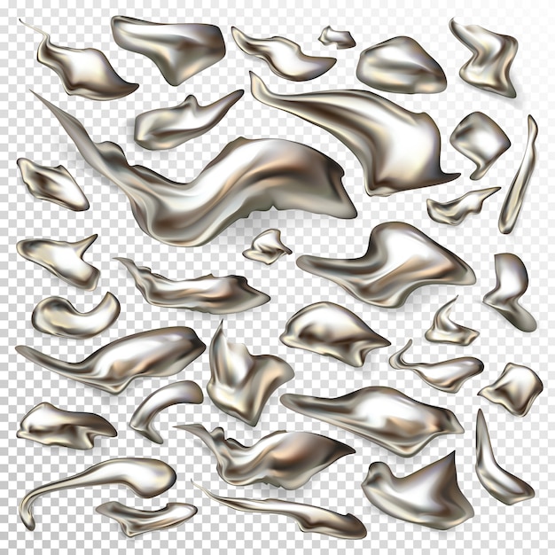 Vector gratuito forma irregular, metal líquido brillante o gotas de mercurio y remolinos conjunto de vectores realistas 3d