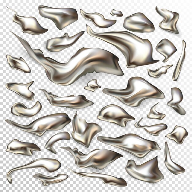 Forma irregular, metal líquido brillante o gotas de mercurio y remolinos conjunto de vectores realistas 3d