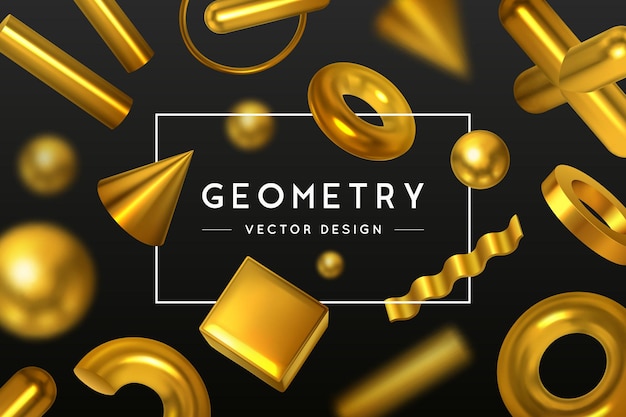 Formas geométricas abstractas sobre fondo negro con composición de elementos geométricos dorados
