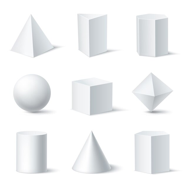 Formas geométricas blancas realistas con nueve objetos de cuerpo sólido aislados sobre fondo claro con ilustración de sombras