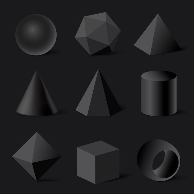 Vector gratuito formas geométricas renderizadas en 3d, conjunto de vectores minimalistas de elementos negros