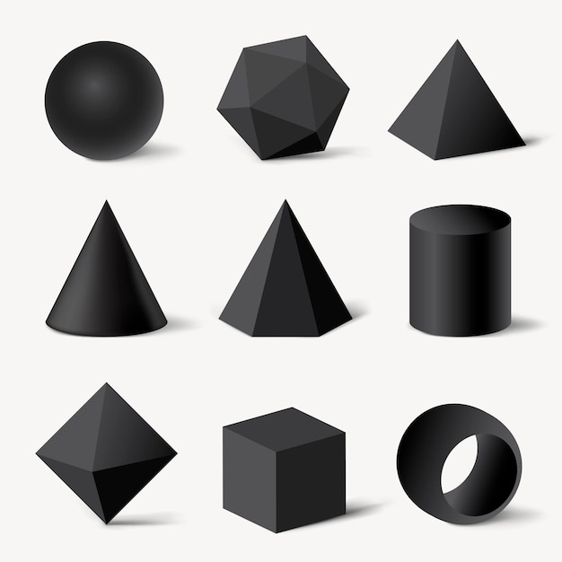Formas geométricas renderizadas en 3D, conjunto de vectores minimalistas de elementos negros