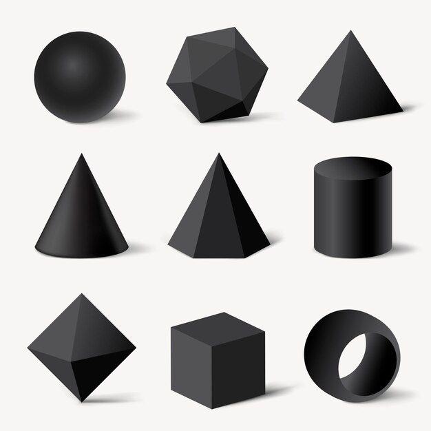 Formas geométricas renderizadas en 3D, conjunto de vectores minimalistas de elementos negros