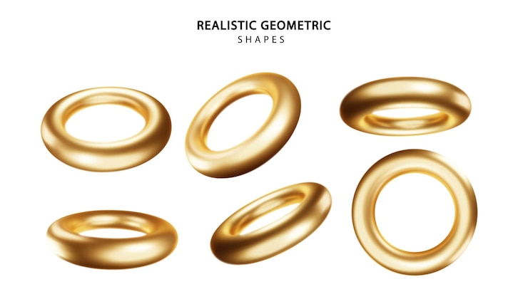 Vector gratuito formas de toros realistas en varias posiciones colección de anillos de oro 3d geométricos vectoriales primitivos geométricos elementos de decoración mínimos