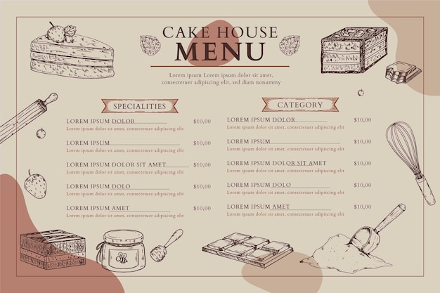 Formato horizontal del menú de la casa de la torta