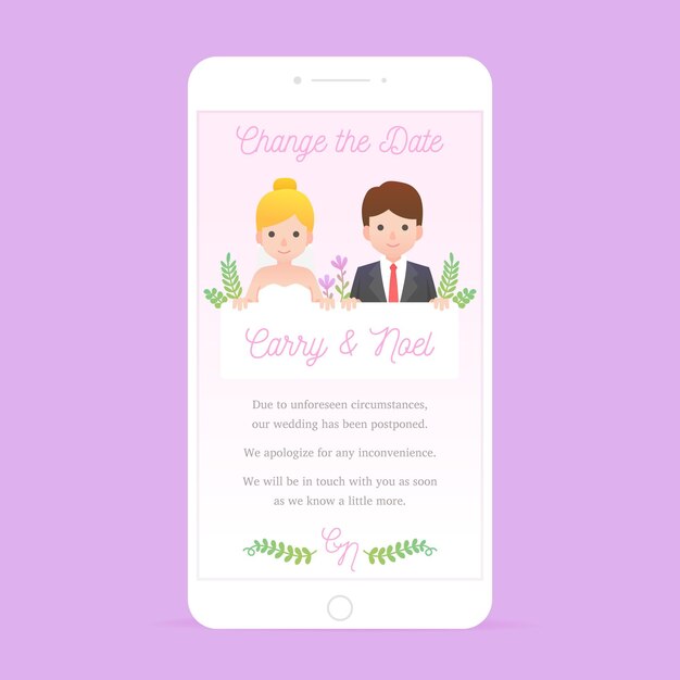 Formato de pantalla de teléfono inteligente de anuncio de boda pospuesto