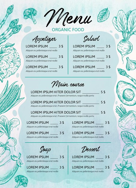 Formato vertical de menú de restaurante digital