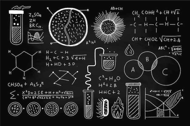 Fórmulas científicas dibujadas a mano en pizarra