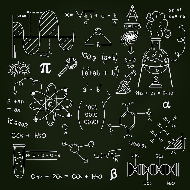 Fórmulas científicas dibujadas en pizarra