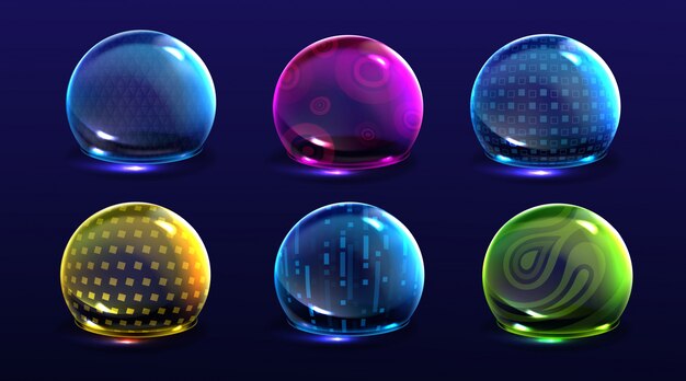 Forzar burbujas de escudo, esferas brillantes de energía de color o campos de cúpula de defensa. Ciencia ficción varios elementos deflectores, firewall protección absoluta aislada