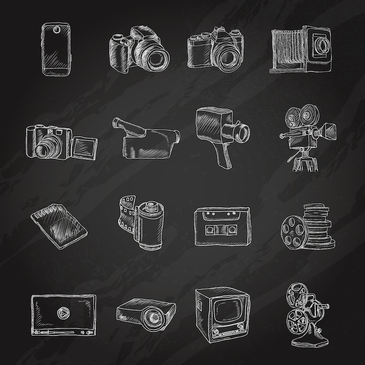 Vector gratuito foto de la cámara de vídeo y la tecnología de entretenimiento multimedia pizarra iconos conjunto ilustración vectorial aislados