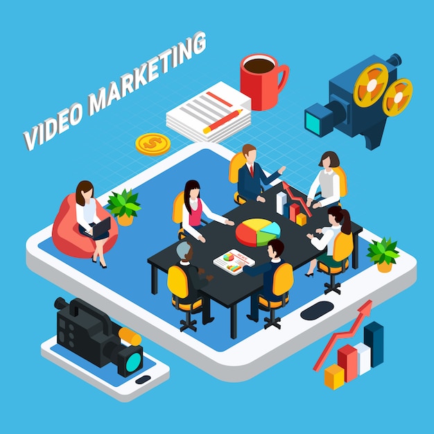 Foto composición isométrica de video de la reunión del equipo de marketing de video y dispositivos de pantalla táctil con equipo de video profesional