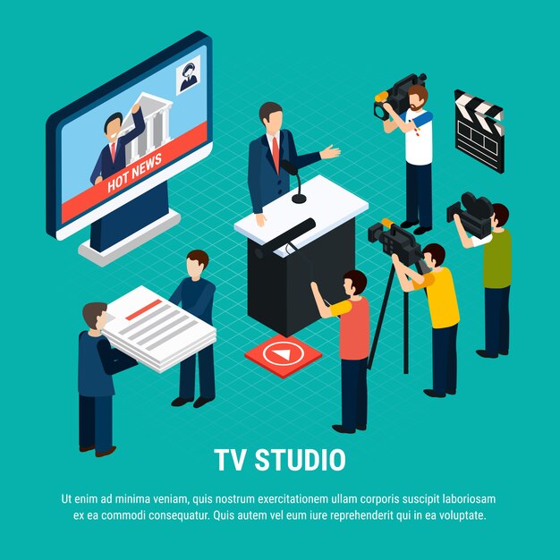 Foto composición isométrica de video con texto editable y personajes humanos de trabajadores de estudios de televisión profesionales