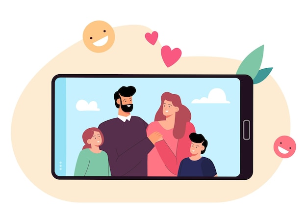 Foto de padres felices con hijos en smartphone. selfie o retrato de familia tomado con ilustración de vector plano de cámara de teléfono. familia, concepto de recuerdos para banner, diseño de sitio web o página de inicio