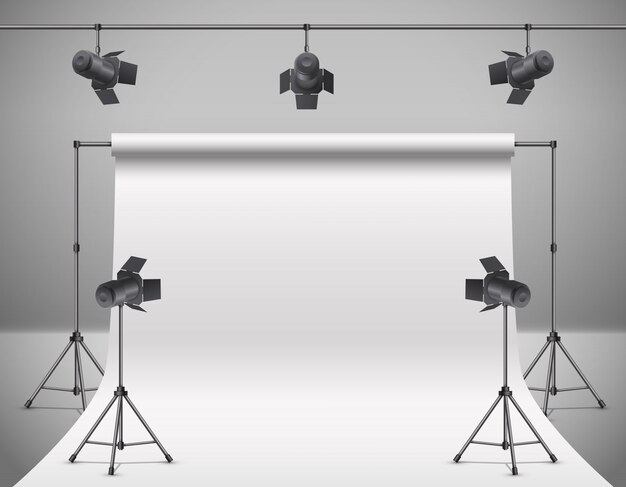 Foto realista 3d, estudio video con los proyectores, fondo blanco