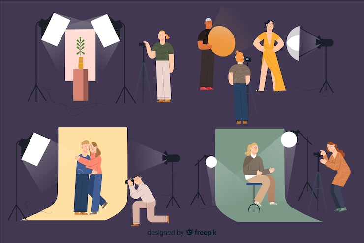 Vector gratuito fotógrafos trabajando en su paquete de estudio