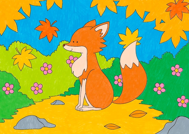 Vector gratuito fox en la ilustración de otoño, niños editables para colorear vector de página